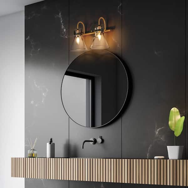 Modern 15 in. 2-Light Black and Brass Industrial Bathroom Vanity Light, Dimmable Wall Sconce with Clear Glass Shades