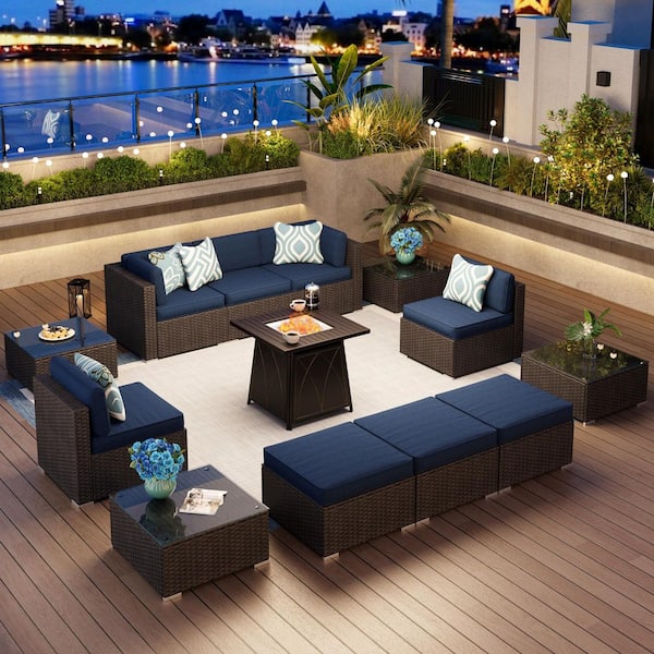 PHI VILLA Brown Rattan Wicker 8-Seat 13-Piece Steel Outdoor Sectional Set with Blue Cushions,Square Fire Pit,Coffee Table,Ottoman