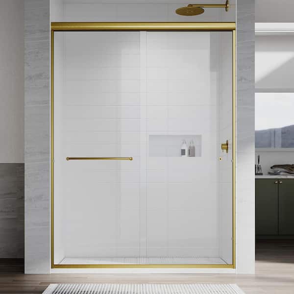 UNIKOO UKD12 56 to 60 in. W. x 70 in. H Double Sliding Semi-Frameless Shower Door in Satin Brass, Enduro Shield Clear Glass