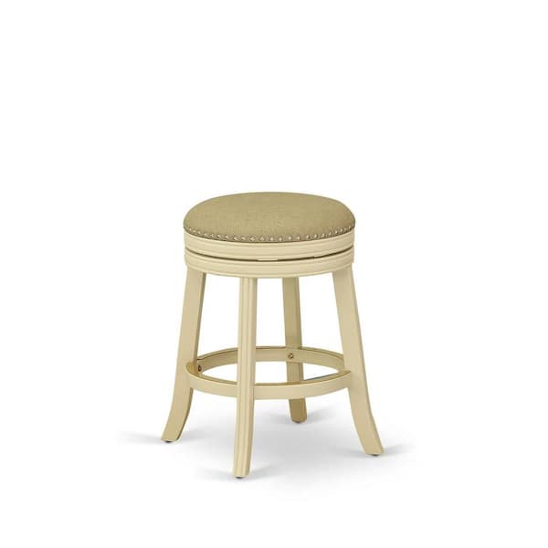 HOME IMPORTS EMPORIUM 24 in. H Linen White Counter Height Wooden Barstool Round Shape with PU Leather Upholstered Pub Height