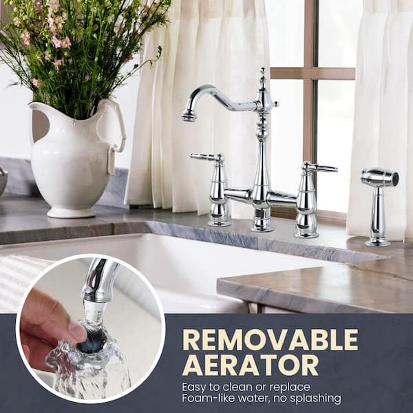 Solid Brass 4 Hole Double Handle Bridge Kitchen Faucet with Side Sprayer Deck Mount in Polished Chrome