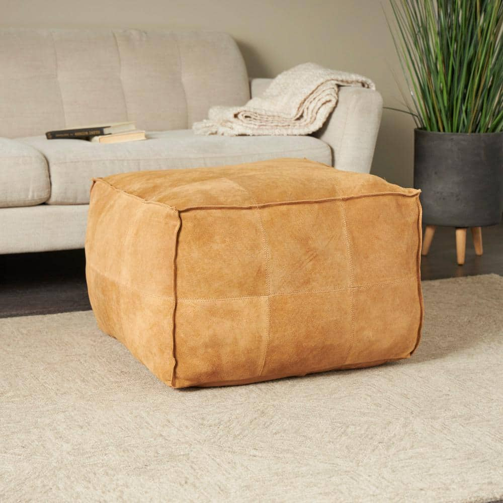 Litton Lane 19 in. Brown Leather Low Profile Square with Patchwork Design Pouf