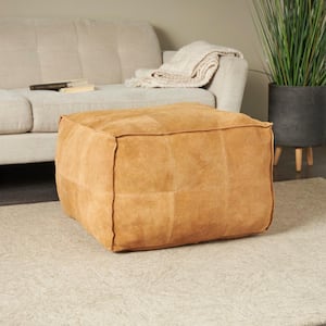 19 in. Brown Leather Low Profile Square with Patchwork Design Pouf