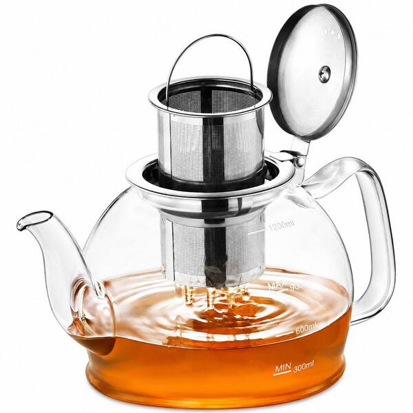 Glass Teapot with Stainless Steel Infuser and Strainer, 40 oz Capacity, Stovetop Safe for Loose Tea, 4-6 Cups