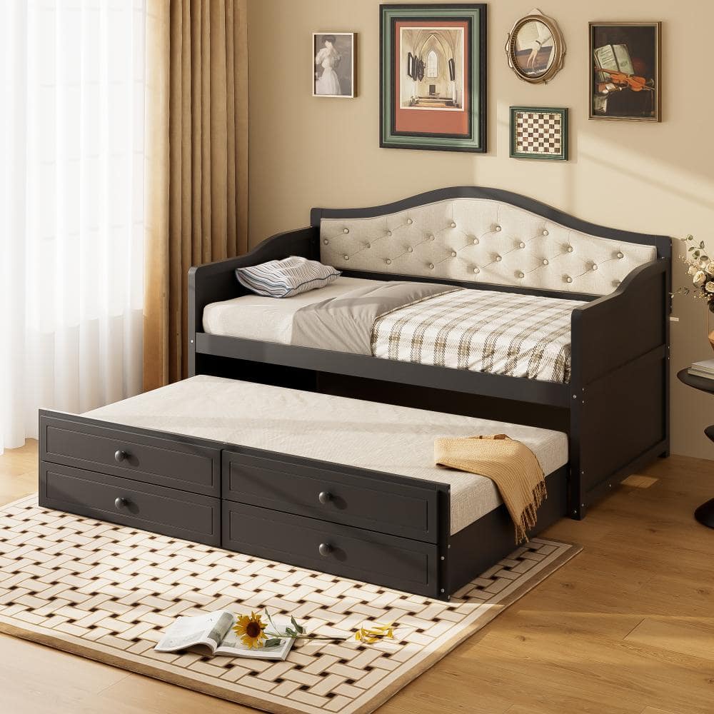 Black Twin Size Daybed with 2 Storage Drawers, Trundle and Upholstered Button Tufted Backrest