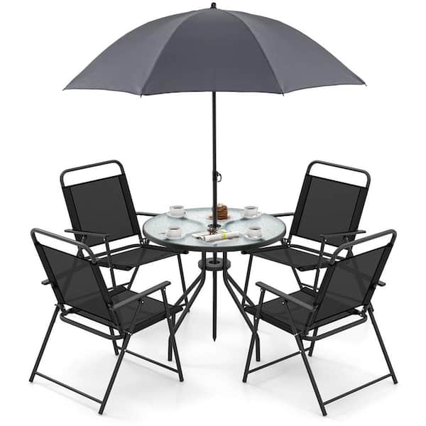 Costway 6 -Piece Metal Outdoor Dining Set Folding Chairs Glass Table with Umbrella