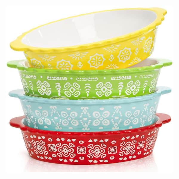 4 Pack 28 oz. White Ceramic Baking Dishes with Handles Deep Oval Pie Lasagna Pan Oven Microwave Safe Set