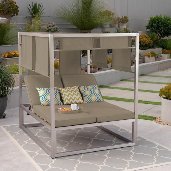 Noble House Heminger Silver Aluminum Outdoor Day Bed with Khaki Cushions