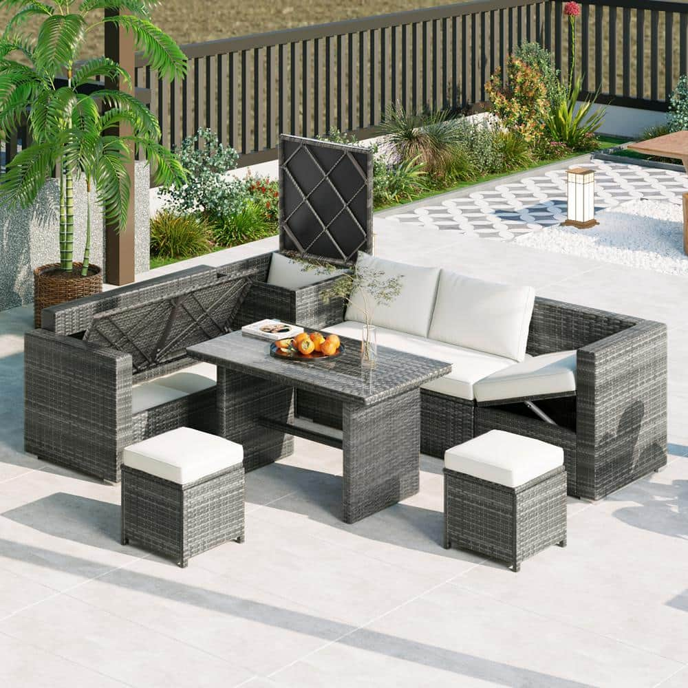 6-Piece Outdoor All Weather PE Wicker Rattan Sofa Sectional Set with Beige Cushions and Tempered Glass Top Table -  Clihome, TM-06SH8-ABE