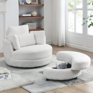 39 in. W White Teddy Fabric Swivel Chair with Moon Storage Ottoman 4 Pillows for Living Room