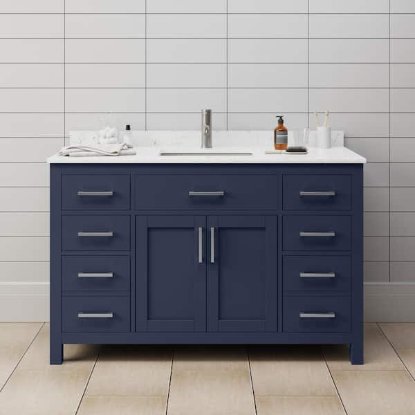 Wyndham Collection Beckett 54 in. W x 22 in. D x 35 in. H Single Sink Bathroom Vanity in Dark Blue with Carrara Cultured Marble Top