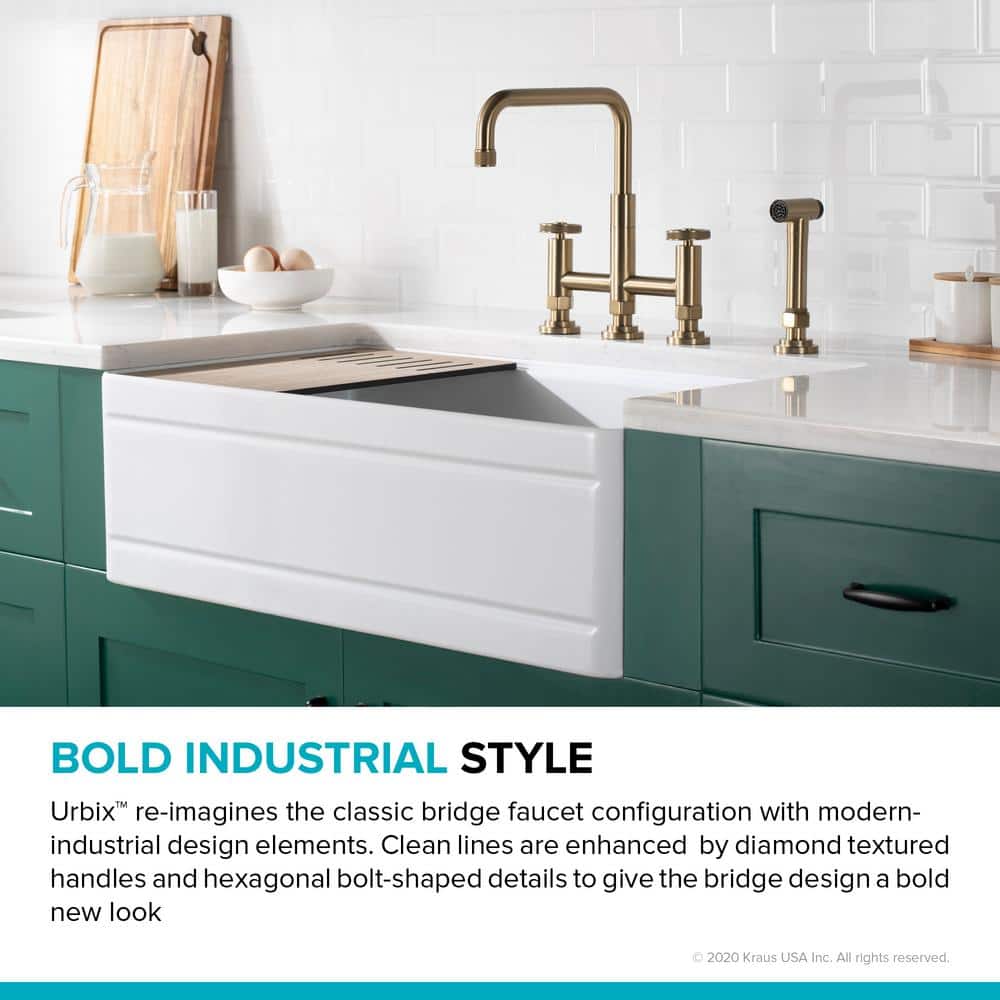 Urbix Brushed Gold Stainless Steel Bridge Faucet with Side Sprayer