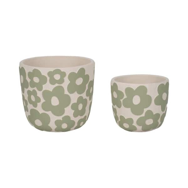 7 in. and 9 in. Light Green Ceramic Flower Power Decorative Planters (Set of 2)