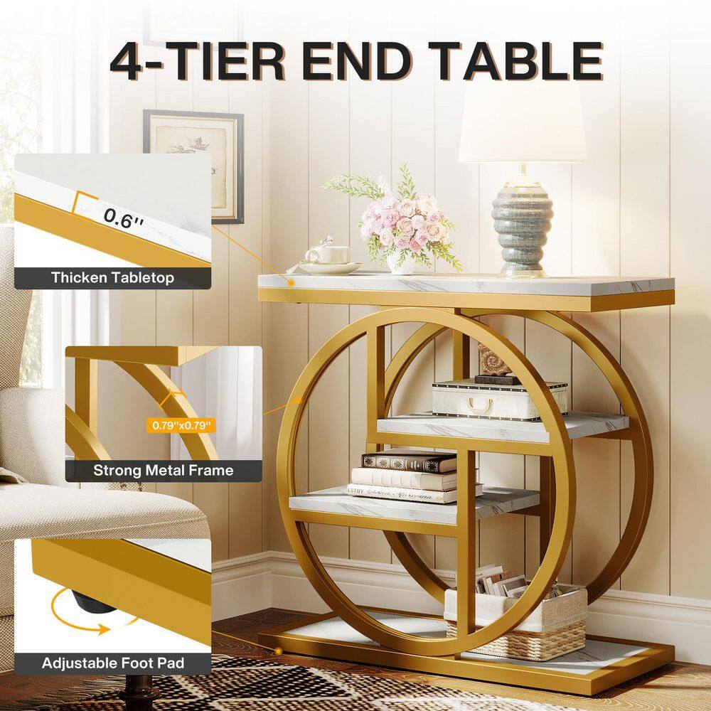 Infographic showing dimensions and features of a 4-tier end table.