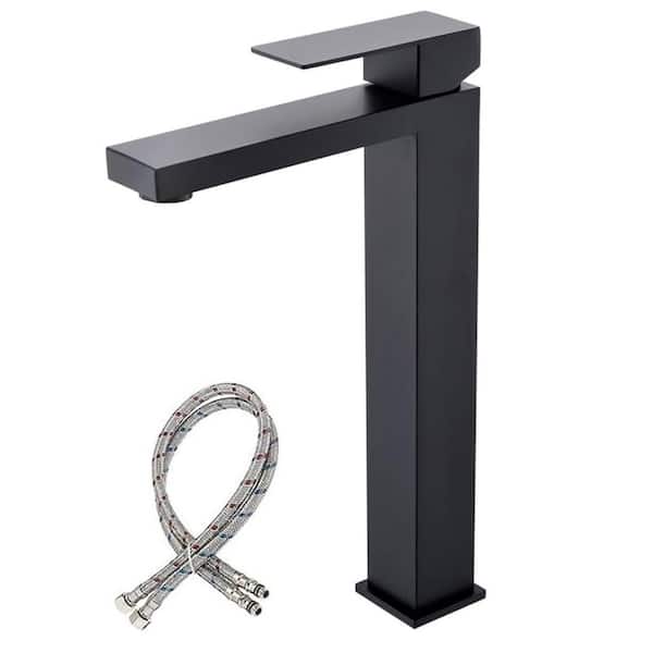 BWE Single Hole Single Handle Bathroom Vessel Sink Faucet With Supply Hose in Matte Black