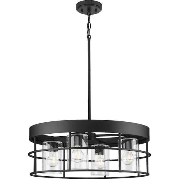 Burgess Collection 24 in. 4-Light Matte Black Modern Farmhouse Chandelier with Clear Seeded Glass Shades