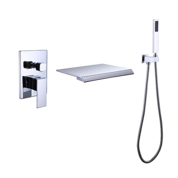 WELLFOR Single-Handle Wall Mount Roman Tub Faucet with Hand Shower and Waterfall Spout in Chrome (Valve Included)