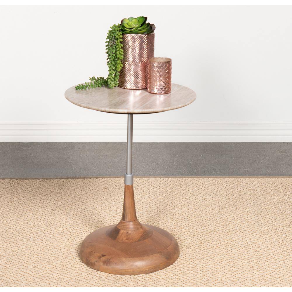 Round Brown and Silver Wood Metal Side Table