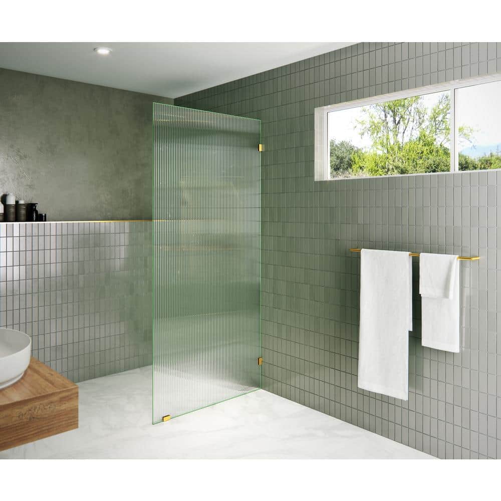 Gaia 36" x 78" Frameless Fluted Glass Shower Panel with Satin Brass Hardware