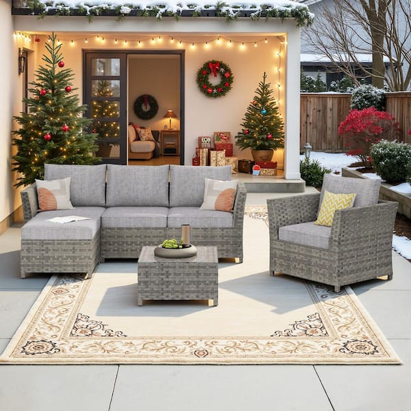 Bella Gray 6-Piece Wicker Outdoor Sectional Set with Dark Gray Cushions