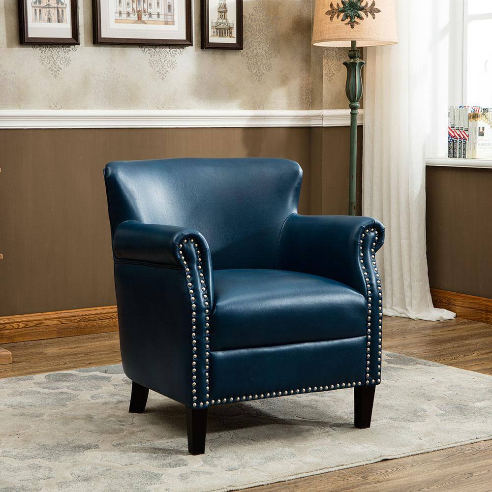 Navy Blue Leather Accent Chair with Wood Legs