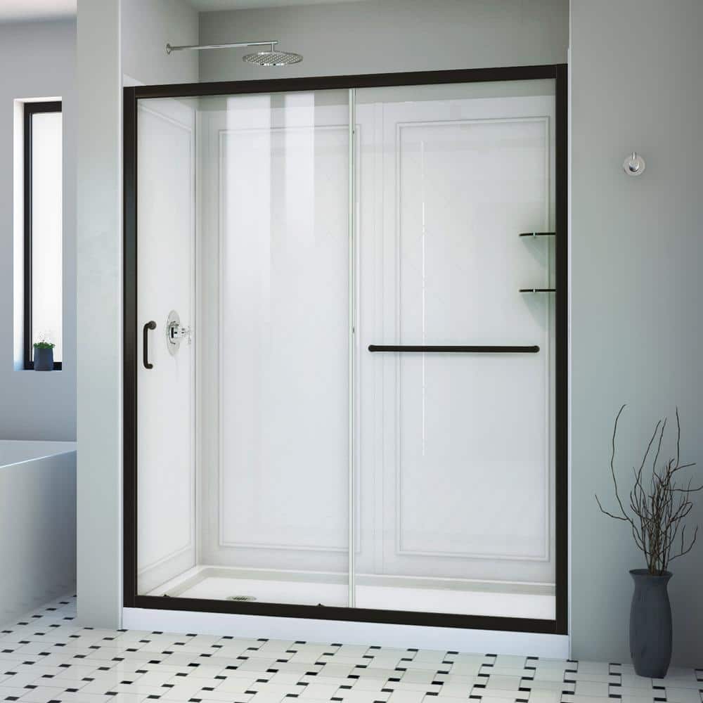 Infinity-Z 60 in. W x 76.75 in. H Sliding Semi Frameless Shower Door in Satin Black with Clear Glass Left Drain Base price history on PriceWatchPro