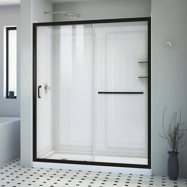 DreamLine Infinity-Z 60 in. W x 76.75 in. H Sliding Semi Frameless Shower Door in Satin Black with Clear Glass Left Drain Base