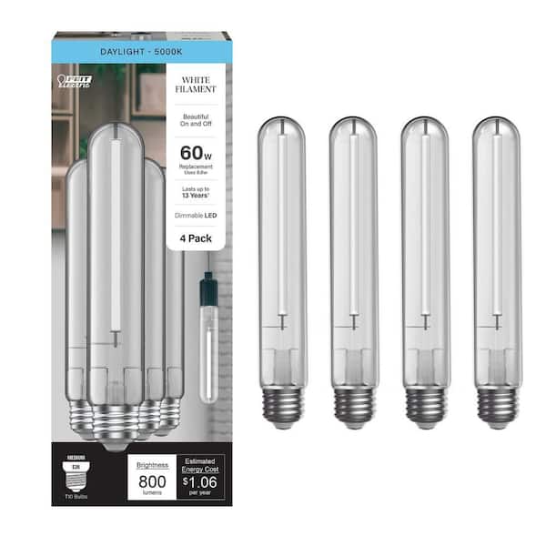 60-Watt Equivalent T10L Dimmable Straight White Filament Clear E26 Vintage Edison LED Light Bulb Daylight 5000K (4-Pack)