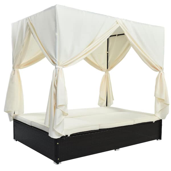 Nestfair 1-Piece Wicker Outdoor Patio Day Bed with Beige Cushions and Adjustable Seats