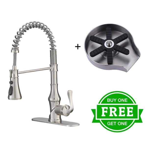 BWE Single Handle Pull-Down Sprayer Kitchen Faucet Bundle Glass Rinser in Brushed Nickel
