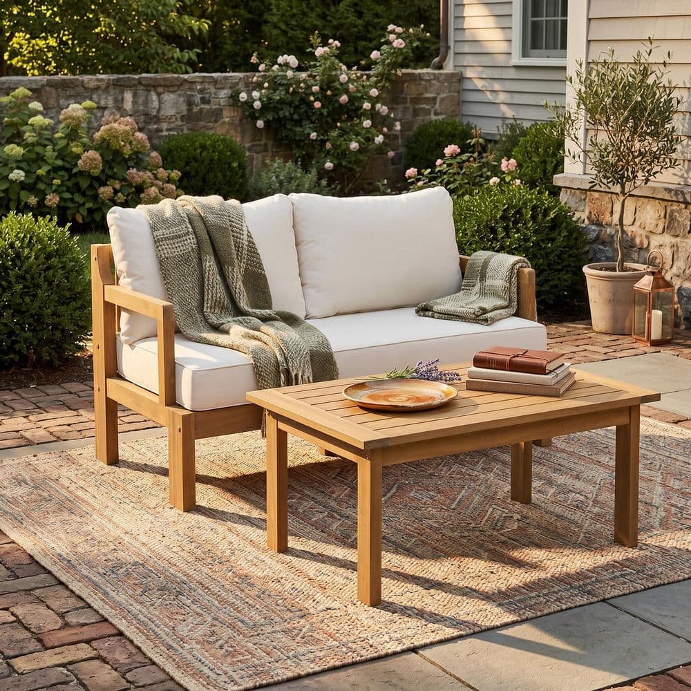 2-Piece Brown Wood Patio Outdoor Chat Set with 6 in. Thick Beige Cushion price history on PriceWatchPro