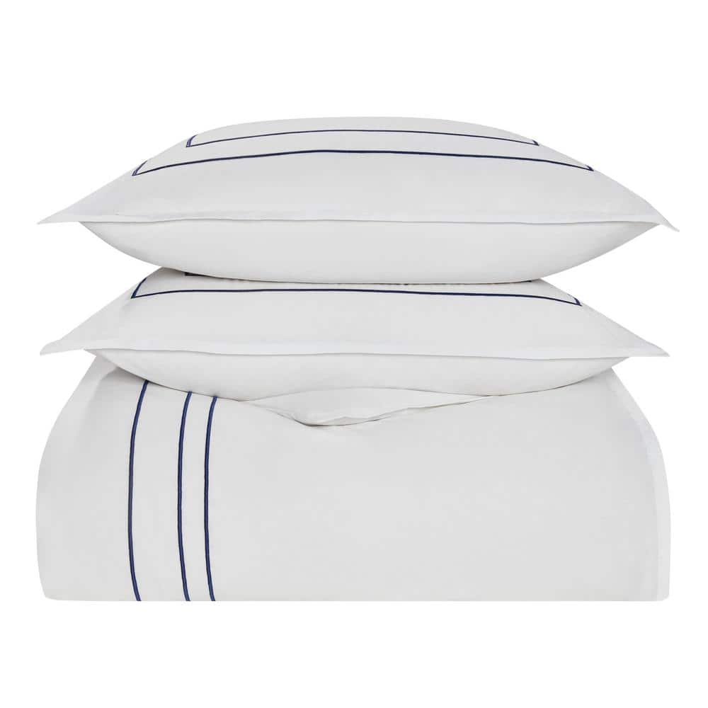 King White Cotton Duvet Cover Set with Navy Trim
