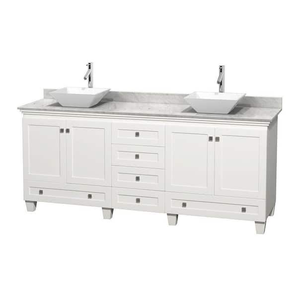 Wyndham Collection Acclaim 80 in. W Double Vanity in White with Marble Vanity Top in Carrara White and White Sinks