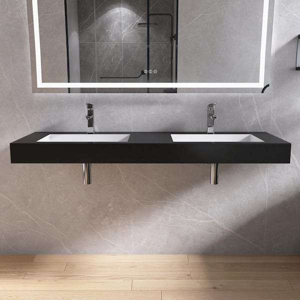 59 in. W x 19 in. D x 4 in. H Solid Surface Bathroom Double Wall-Mount Sink/ Vessel Sink in Black with Faucet Hole