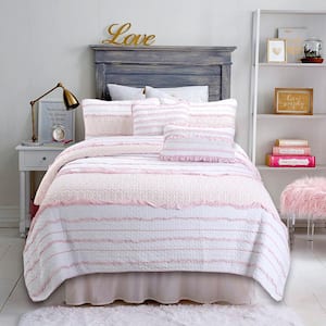 Pretty in Pink Girly Ruffle Star Stripped Ogee 5-Piece Cotton Queen Quilt Bedding Set with Throw Pillows by Cozy Line