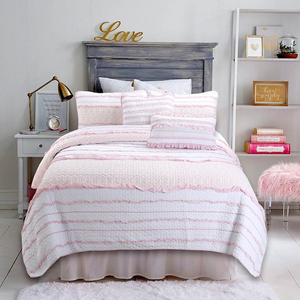 Cozy Line Pretty in Pink Girly Ruffle Pink Cotton Quilt Bedding Set with 2 Throw Pillows - Queen
