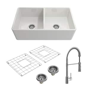 Classico White Fireclay 33 in. Double Bowl Farmhouse Apron Front Kitchen Sink with Faucet