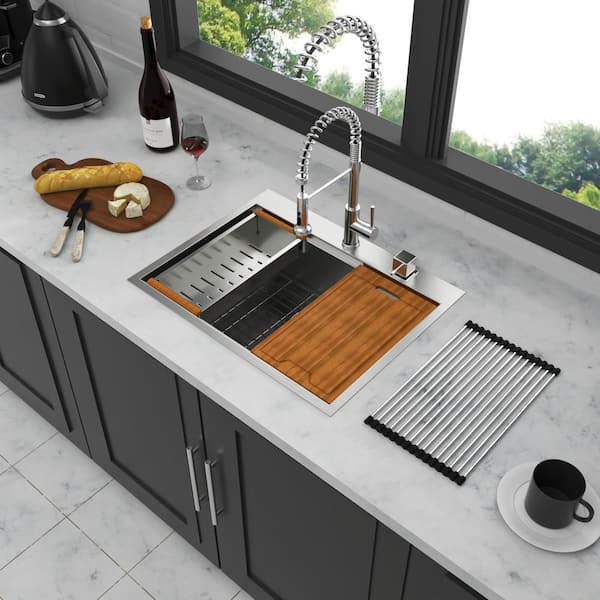 Coporesell 28 in. Drop-in Single Bowl 16 Gauge Brushed