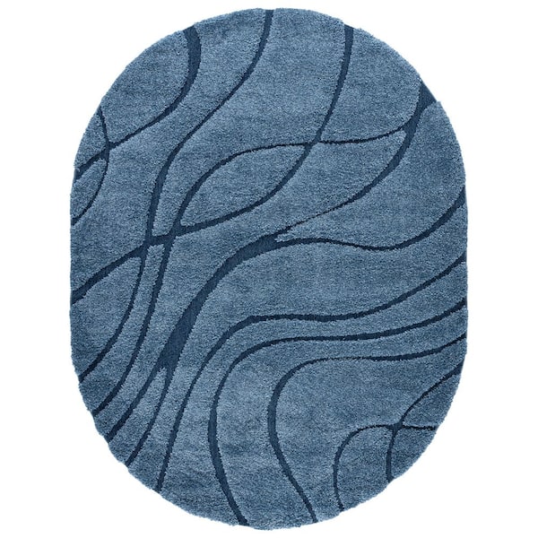 Florida Shag 6 ft. x 8 ft. Oval Light Blue/Blue Solid Color Area Rug