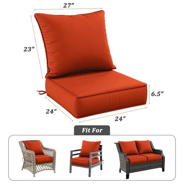24 in. x 24 in. Deep Seat Outdoor Lounge Cushion with Backrest, Premium Waterproof Patio Furniture Cushions Orange