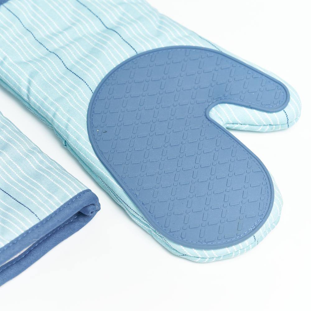 Light Blue Striped Cotton Oven Mitts with Silicone Palm