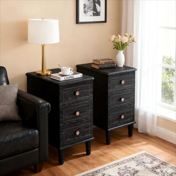 Solid Wood 25.6 in. H x 23.6 in. W Black Mid-Century Nightstand, 3-Drawer Classic Side Table for Bedroom, Living Room