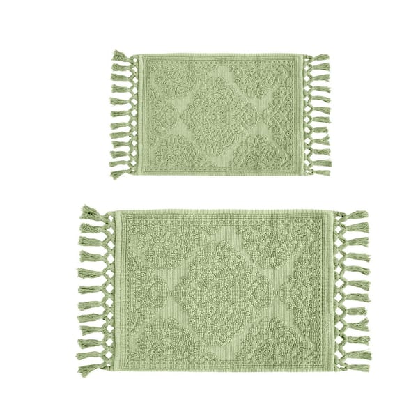 Jean Pierre Ricardo Cotton Fringe Sage Green 17 in. x 31 in. /21 in. x 41 in. 2-Piece Bath Rug Set