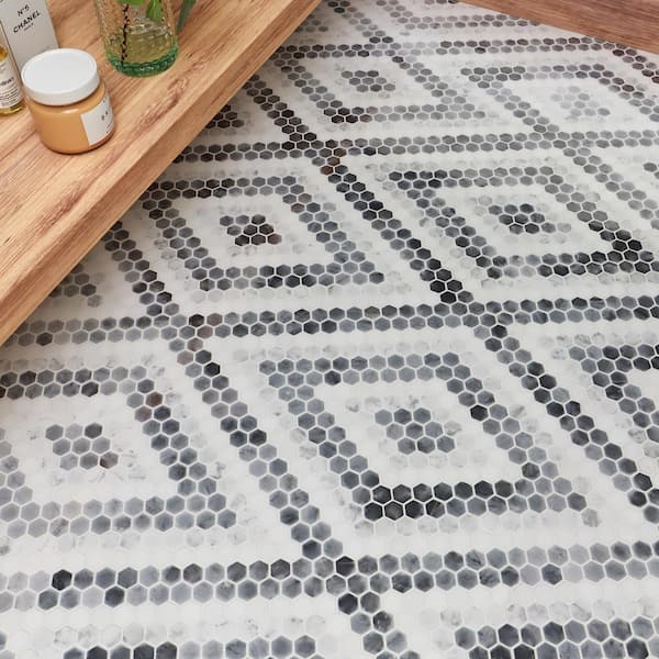 Hyperion Diamond Gray 3.75 in. x 0.39 in. Polished Marble Mosaic Floor and Wall Tile Sample