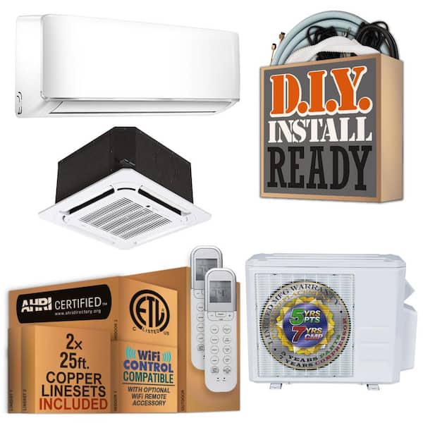 DIY 18000 BTU 1.5-Ton Dual Cassette/Wall Mount Ductless Mini Split Air Conditioner with Heat Pump 220-Volt