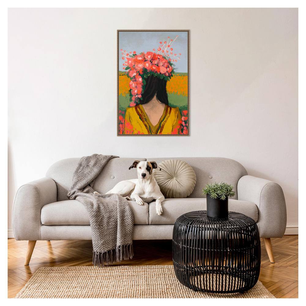 Woman with Floral Wreath Abstract Canvas Print in Bronze Frame