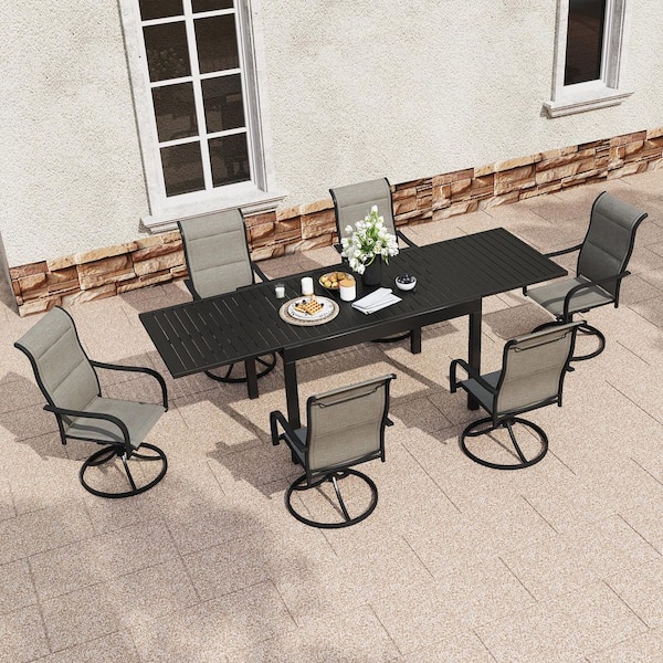 7-Piece Metal Outdoor Dining Set with Extendable Dining Table & 6 Swivel Chairs, Rust-Resistant, Black, Garden Deck Use