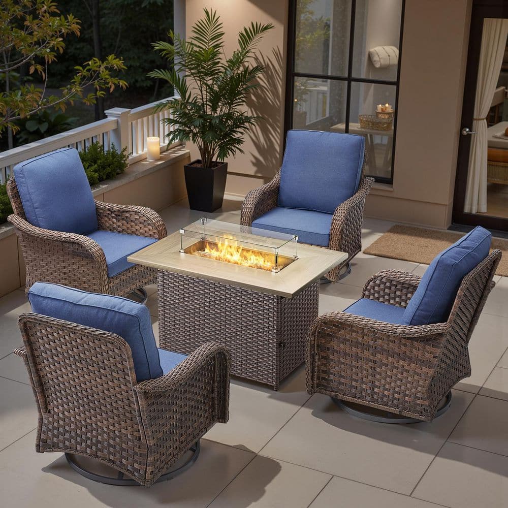 RoundEase 5-Piece Brown Wicker Fire Pit Conversation Set with Olefin Bule Cushions and Curved Arm Swivel Glider Chairs price history on PriceWatchPro