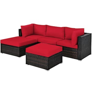 5-Piece PE Wicker Outdoor Patio Conversation Sectional Sofa Set with Red Cushions and Ottoman