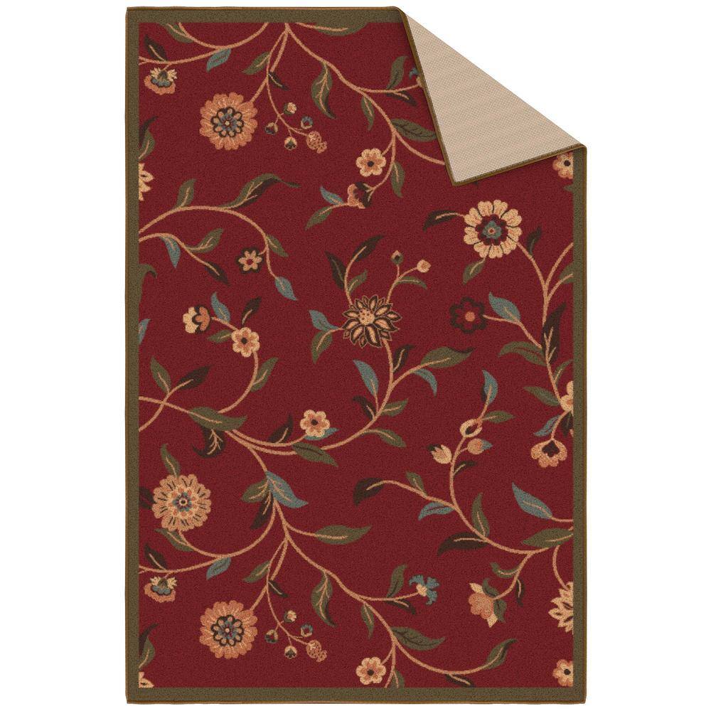 Red Floral Leaves Non-Slip Rubberback 3x5 Area Rug